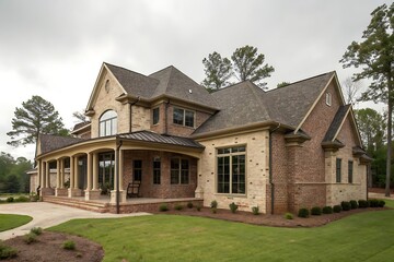 Obraz premium Elegant Beige Siding House with Red Brick and Trim Accents