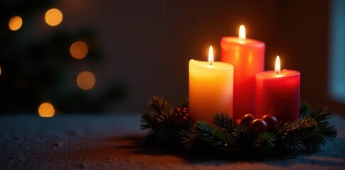 Warm candlelight illuminates advent wreath, festive background, holiday, cozy