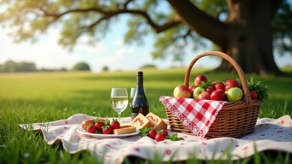 Idyllic Summer Picnic Basket with Wine Fruit and Pastries in a Green Field