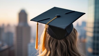 Celebrating graduation achievement overlooking city skyline at sunset time