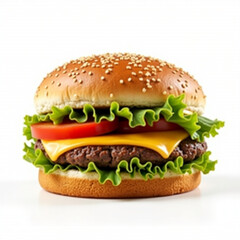 Mouthwatering Burger with Melting Cheese on White.