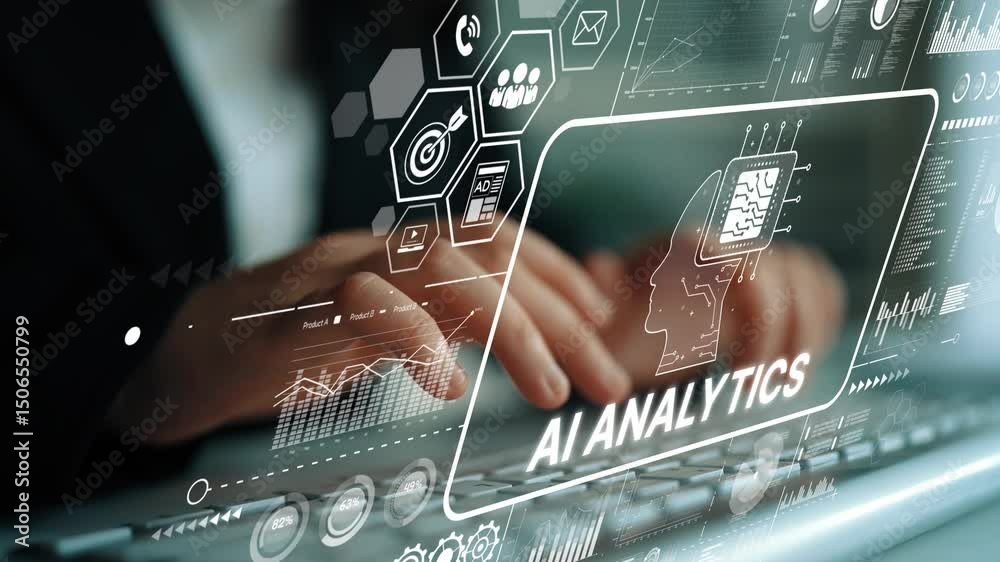 Poster close-up of hands on keyboard with ai analytics data visualization concept overlaid in modern office