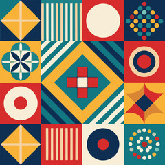 Geometric pattern vector background with Scandinavian abstract color or Swiss geometry prints of rectangles, squares and circles shape design
