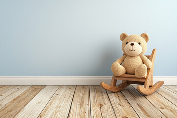 Obraz premium Charming teddy bear on rocking chair cozy room interior photography soft lighting gentle atmosphere nostalgic concept for children's decor