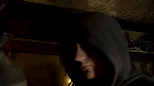 Hooded figure in shadows, mysterious male portrait with dimmed light, unsettling atmosphere in dark location with suspicious character