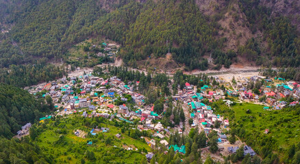 Aerial view of himachal Kasol village with river.