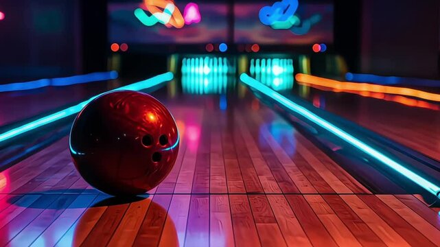 Bowling ball poised on lane with neon lights and bowling pins