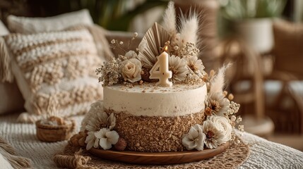 Pinterest-worthy birthday cake with number 4 candle, boho decor, neutral tones for lifestyle brands