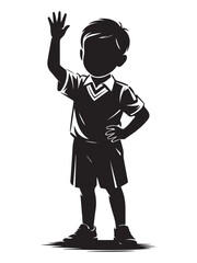Black and white vector of a school boy waving hand
