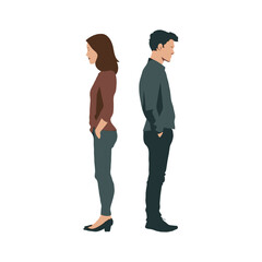 Fototapeta premium Illustration of a man and woman standing back-to-back, both appearing tense on white background. Concept of confrontation, divorce, conflict and misunderstanding in family