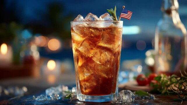 Iced beverage in tall glass nighttime setting