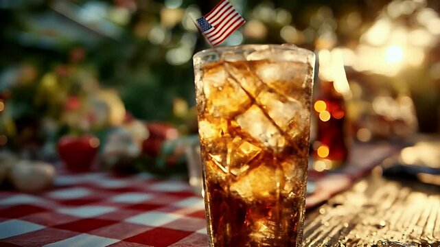 Iced beverage in glass with ice cubes summer picnic setting