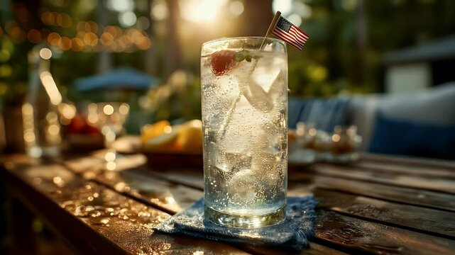 Iced beverage in tall glass summer setting sunlight wooden table
