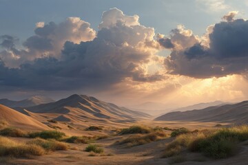 Desert landscape with clouds above on white background