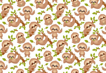 Playful seamless pattern with adorable cartoon sloths happily climbing tree branches and hanging from them. Sloths exude charm and happiness, making this pattern perfect for nursery designs, nursery d