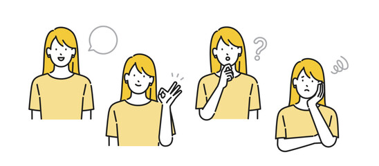 イラスト素材：様々な表情やポーズをとる若い女性・シンプルタッチ