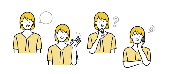 イラスト素材：様々な表情やポーズをとるシニア女性・シンプルタッチ