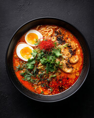 Overhead view of spicy tantanmen ramen in black bowl looks strong