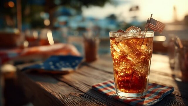 Iced beverage summer party golden sunlight refreshment wooden table