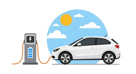 Electric Car Charging at Station on Sunny Day