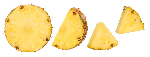 Set of pineapple halves and slices isolated, transparent PNG, PNG format, cut out