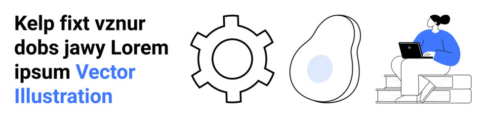 Gear, abstract avocado shape, and person sitting on stairs using a laptop next to placeholder text. Ideal for technology, creativity, teamwork, productivity, education, minimalism simple landing