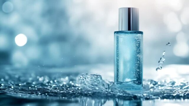 A bottle of perfume is floating on top of a wave of water. Concept of luxury and relaxation, as the perfume is often associated with self-care and pampering. The water adds a sense of movement