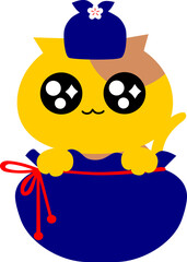 복주머니 안에 들어간 아기 고양이 캐릭터