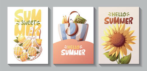 Summer card set with sunflower, beach bag, lemons. "Hello Summer", "Sweet Summer" handwritten lettering. Vector illustration for card, postcard, poster, banner.