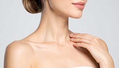 Fototapeta premium The concept of beauty. Woman in close-up shots on a gray background.