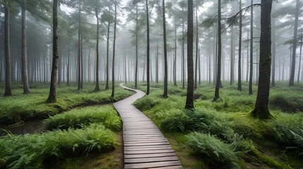 A wooden walking misty path in Bor na Czerwonem nature reserve in Nowy Targ in Poland