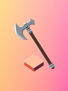 Isometric Medieval poleaxe icon isolated on pink, yellow and blue background. Square button. Vector