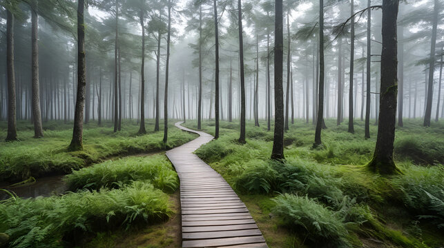 A wooden walking misty path in Bor na Czerwonem nature reserve in Nowy Targ in Poland