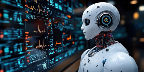 Humanoid robot with advanced AI technology interacts with digital medical data on futuristic screen, showcasing telemedicine capabilities