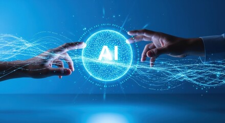 Man and woman interacting with AI global network. Artificial intelligence and data science technology. Future digital connection for human machine interface concept.