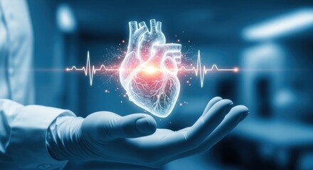 Holographic heart in surgeon hand with electrocardiogram showing medical technology. Healthcare and medicine concept for future.