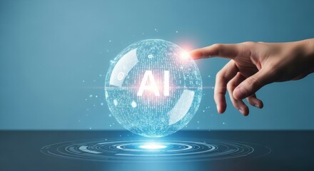 Man hand touching ai artificial intelligence global network data hologram. Future technology concept interface data. AI data processing.