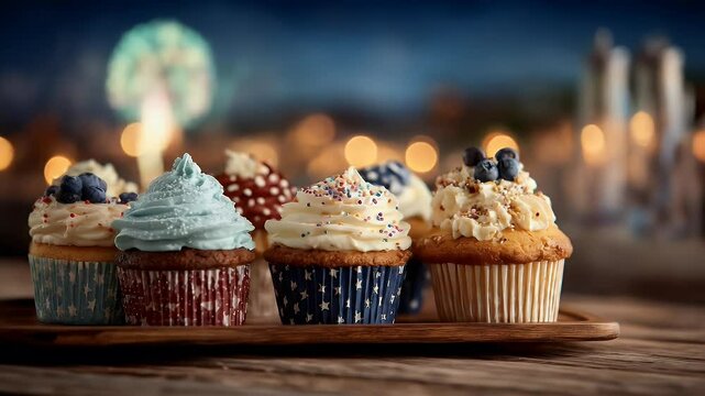 Delicious cupcakes with blueberries and festive background