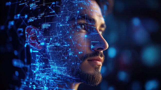 Man with digital network overlay on his face symbolizes integration of technology and human identity, highlighting concept of artificial intelligence in modern society