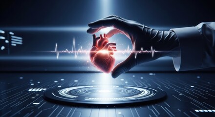 Surgeon hand with surgical glove holding red human heart with glowing pulse diagram. Medical technology in future concept for healthcare.