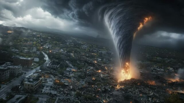 A massive tornado with fire tears through a city, causing widespread destruction under dark, stormy skies.