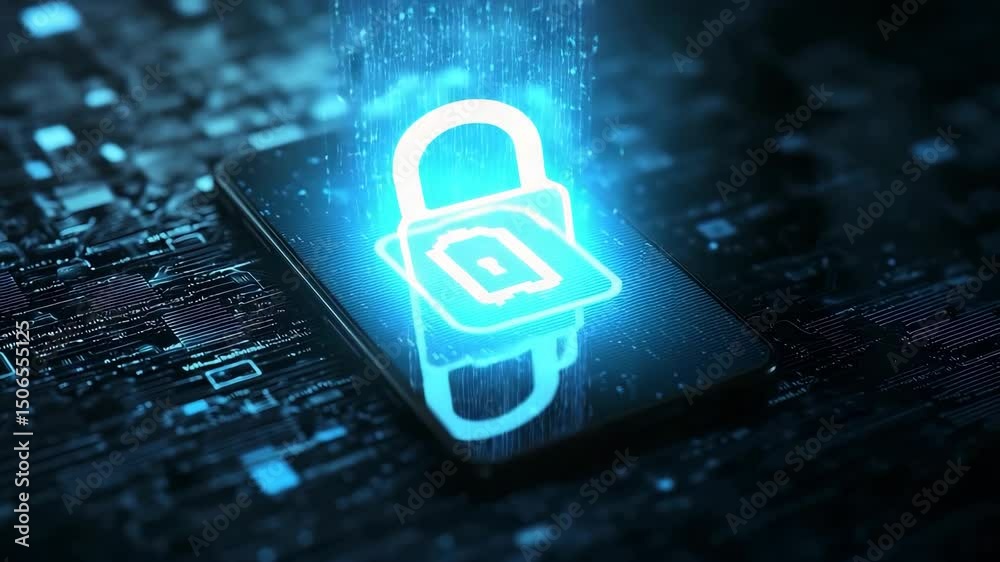 Poster A digital lock icon glows on a smartphone screen surrounded by virtual data streams, symbolizing cybersecurity.