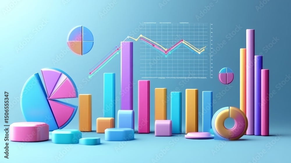 Leinwandbilder d bars and pie chart graphics in vivid colors, floating in space against a neutral backdrop for a vi
