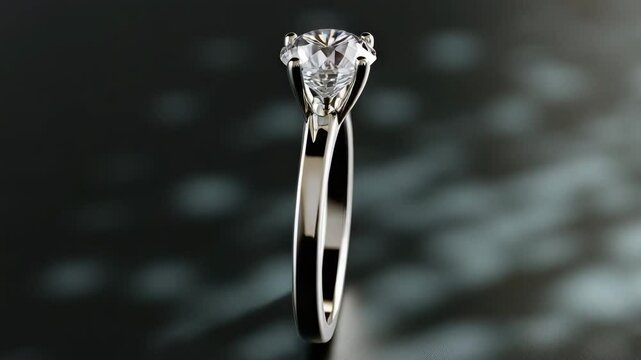 A solitaire diamond engagement ring with a polished metal band is displayed on a dark background.