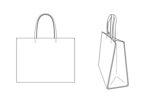 Vector fashion technical drawings of a tote bag with front and three quarter view. Short handles. Vegan leather material.