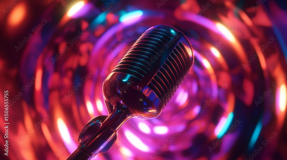 Poster An abstract image of a microphone with swirling colors and lights, creating a vibrant atmosphere that symbolizes energy and creativity in music