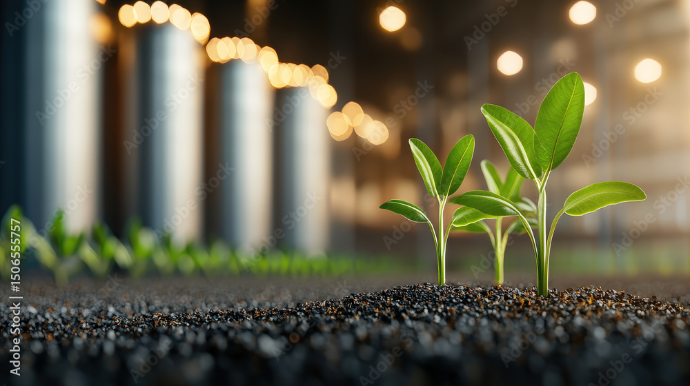 Poster young green plants sprout from soil in industrial setting, symbolizing sustainable growth and bioene