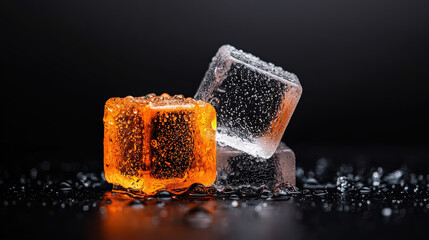 Beautifully arranged ice cube tray with freshly frozen cubes, one glowing orange, on dark reflective surface. contrast highlights vibrant colors and textures