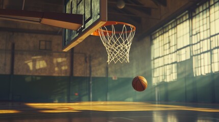 An action shot of a basketball going through the hoop, with the ball in mid-flight and the net swishing, set against a gymnasium background.