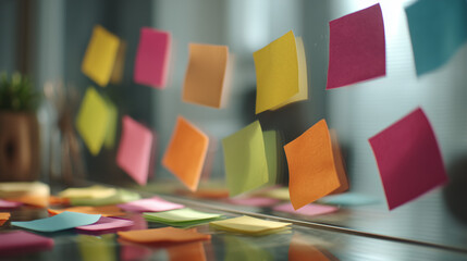 Colorful sticky notes on glass, a vibrant workspace for creative ideas and brainstorming. Series.